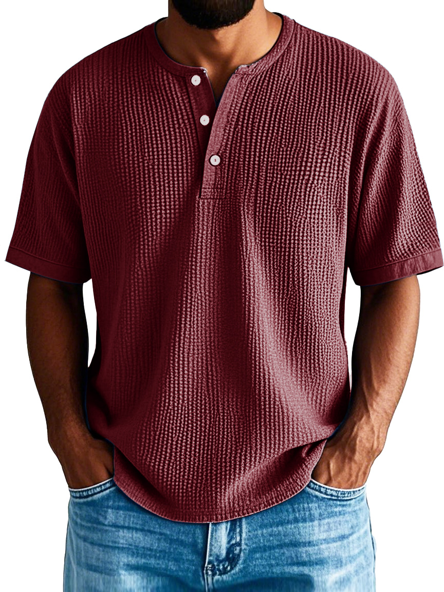 Men's Fashion Casual Pleated Fabric Short-sleeved Vintage Henley Shirt
