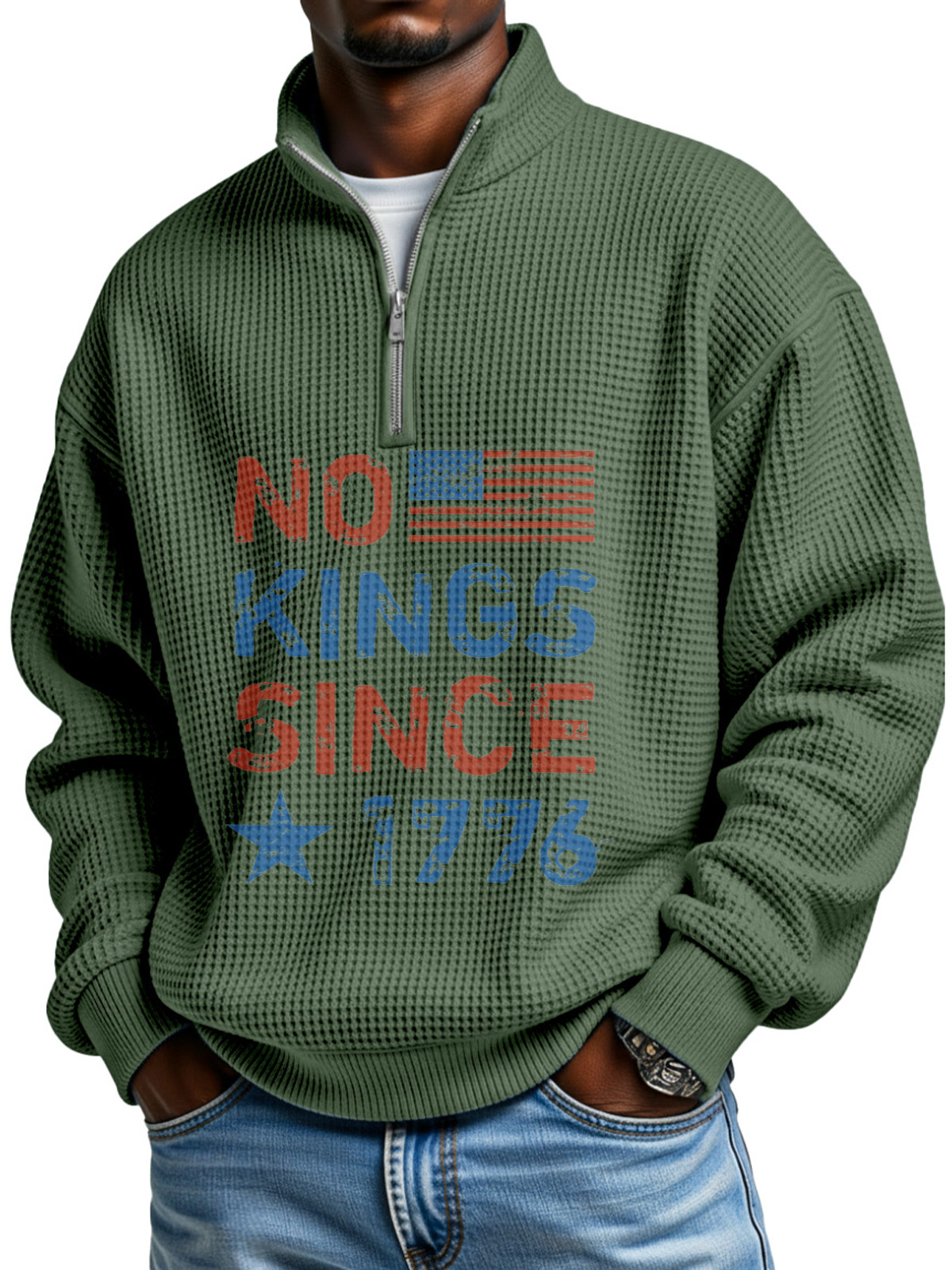 No King Waffle Texture Zipper Stand Collar Long-sleeved Sweatshirt
