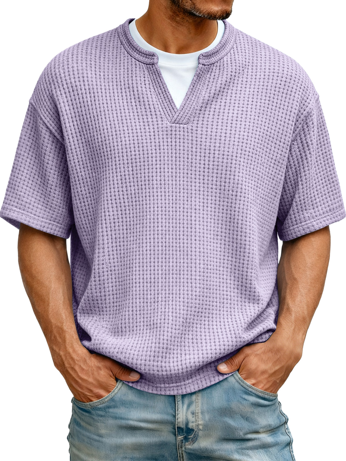 Men's Waffle-knit Two-piece Look Casual Solid Color Short-sleeved T-shirt
