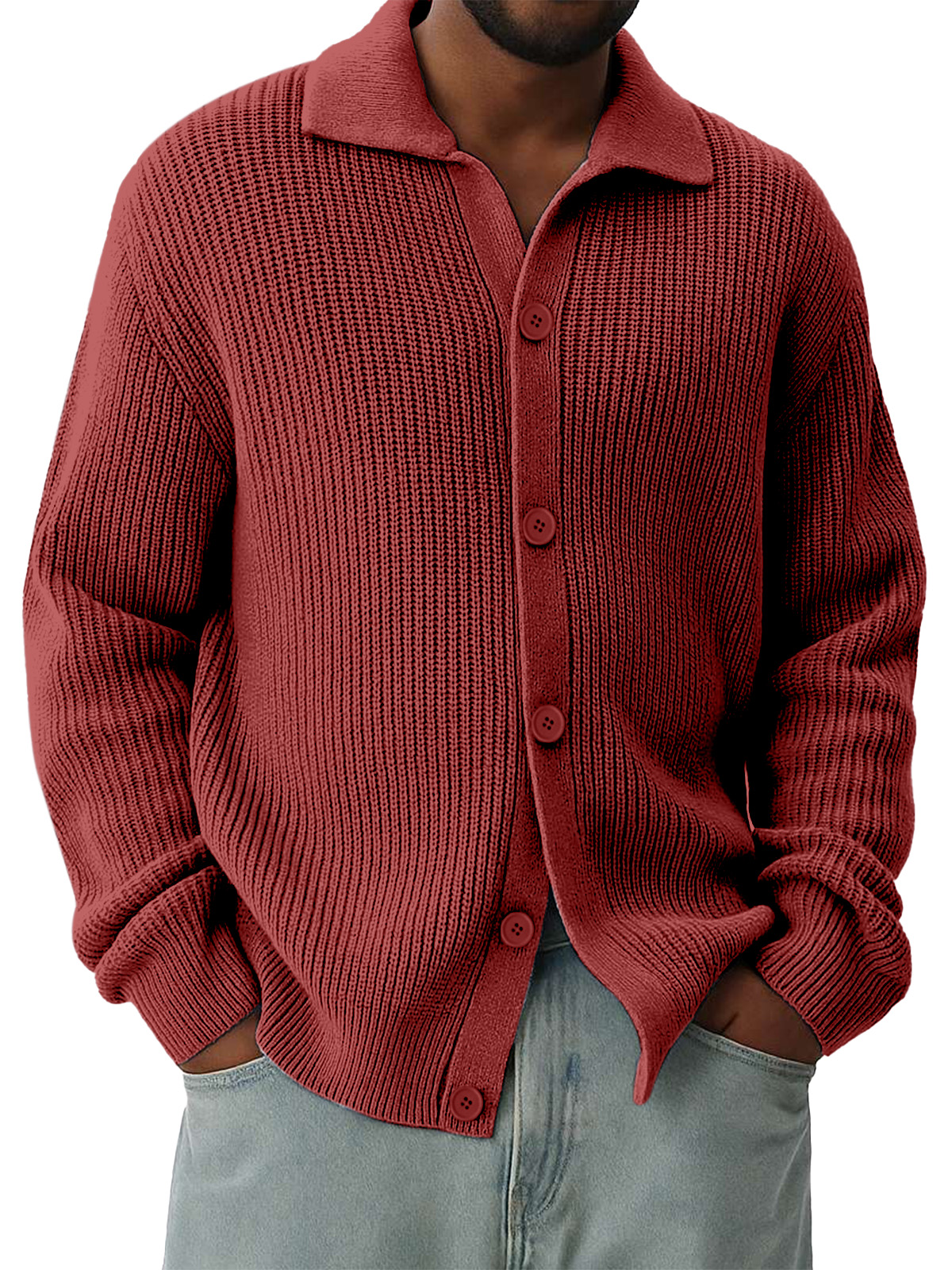 Men's Lapel Solid Color Loose And Versatile Long-sleeved Knitted Cardigan Sweater Jacket