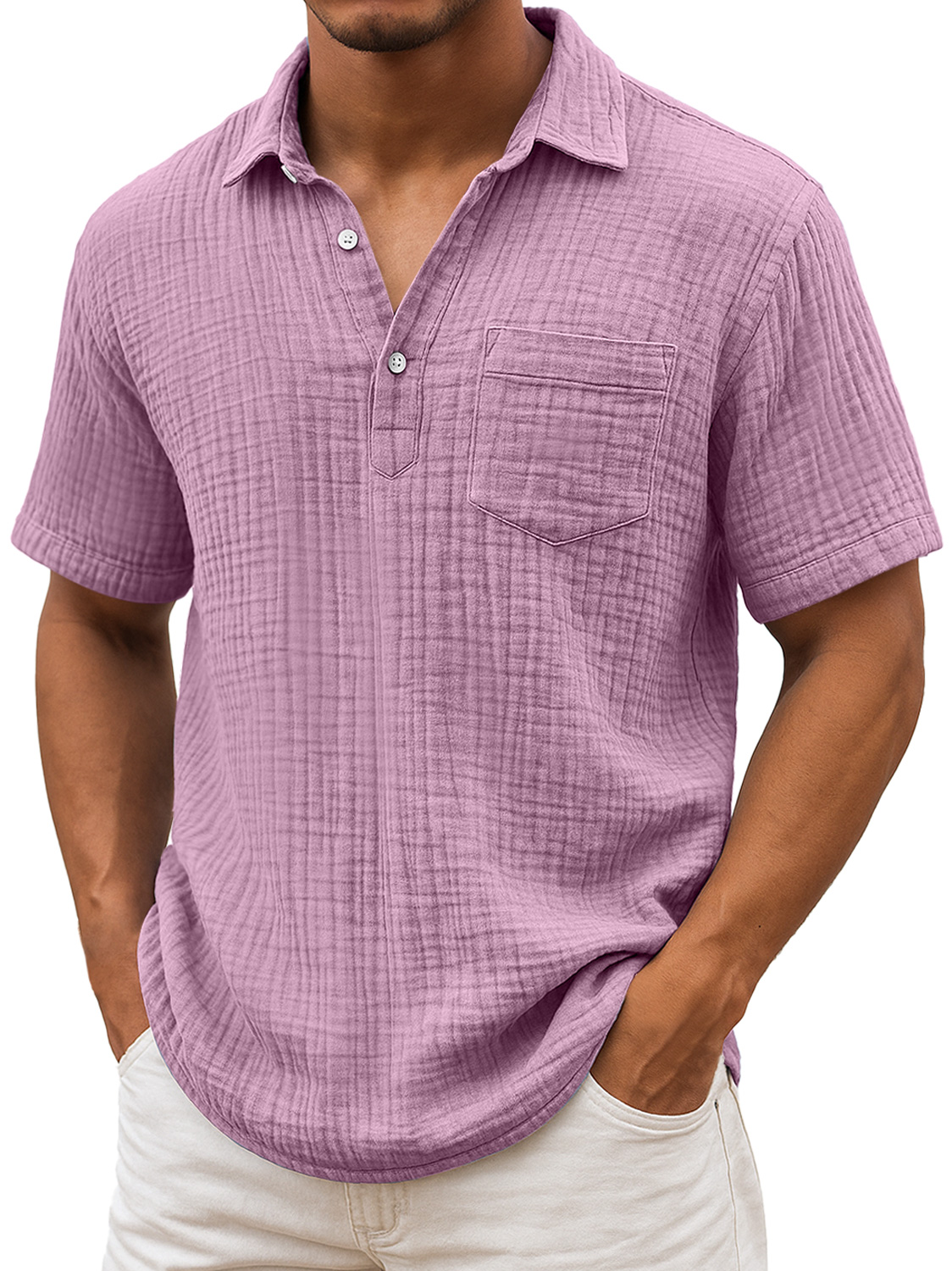 Men's Daily Pleated Texture Lapel Casual Pocket Comfortable Short Sleeve POLO Shirt