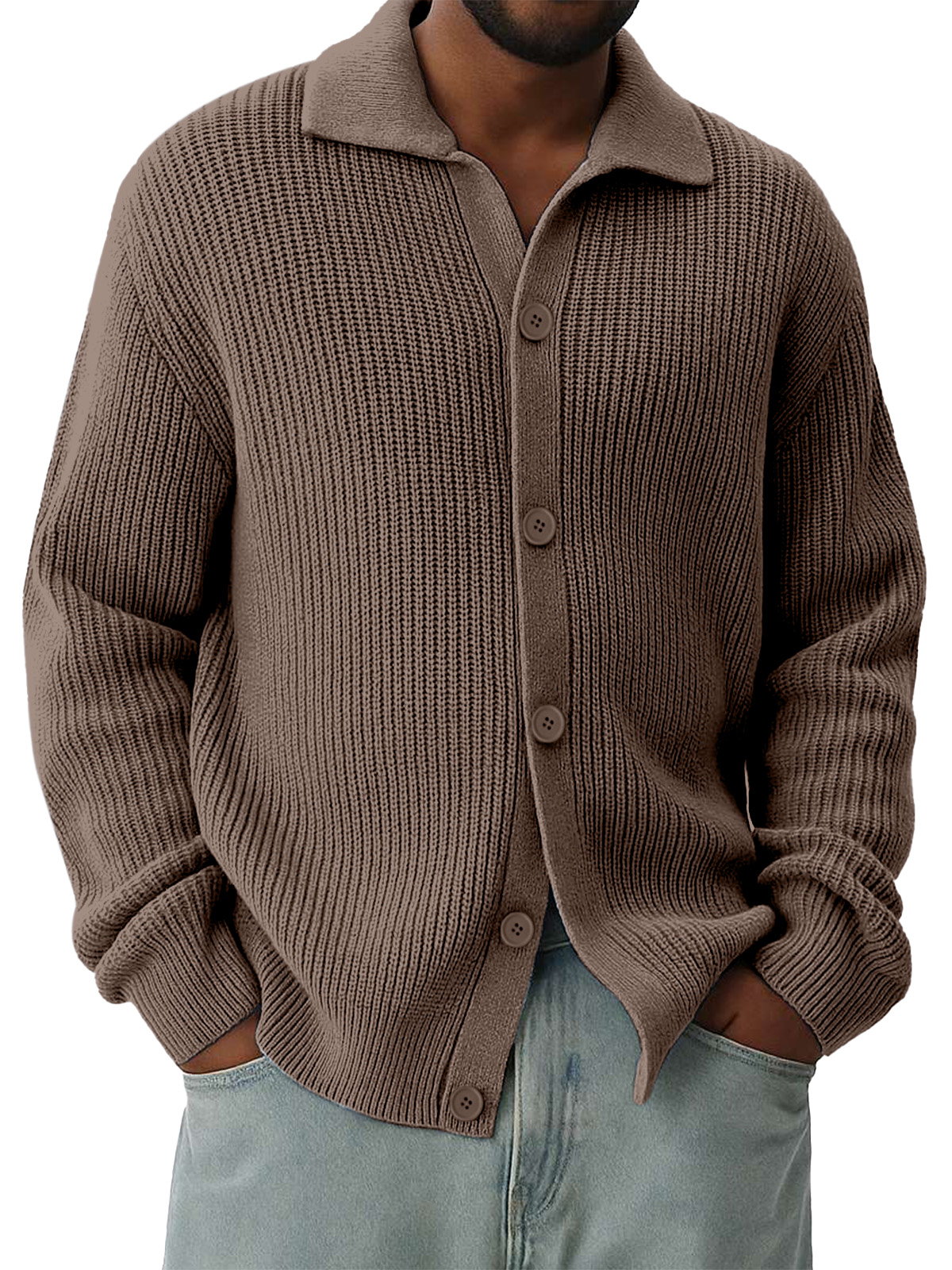 Men's Lapel Solid Color Loose And Versatile Long-sleeved Knitted Cardigan Sweater Jacket