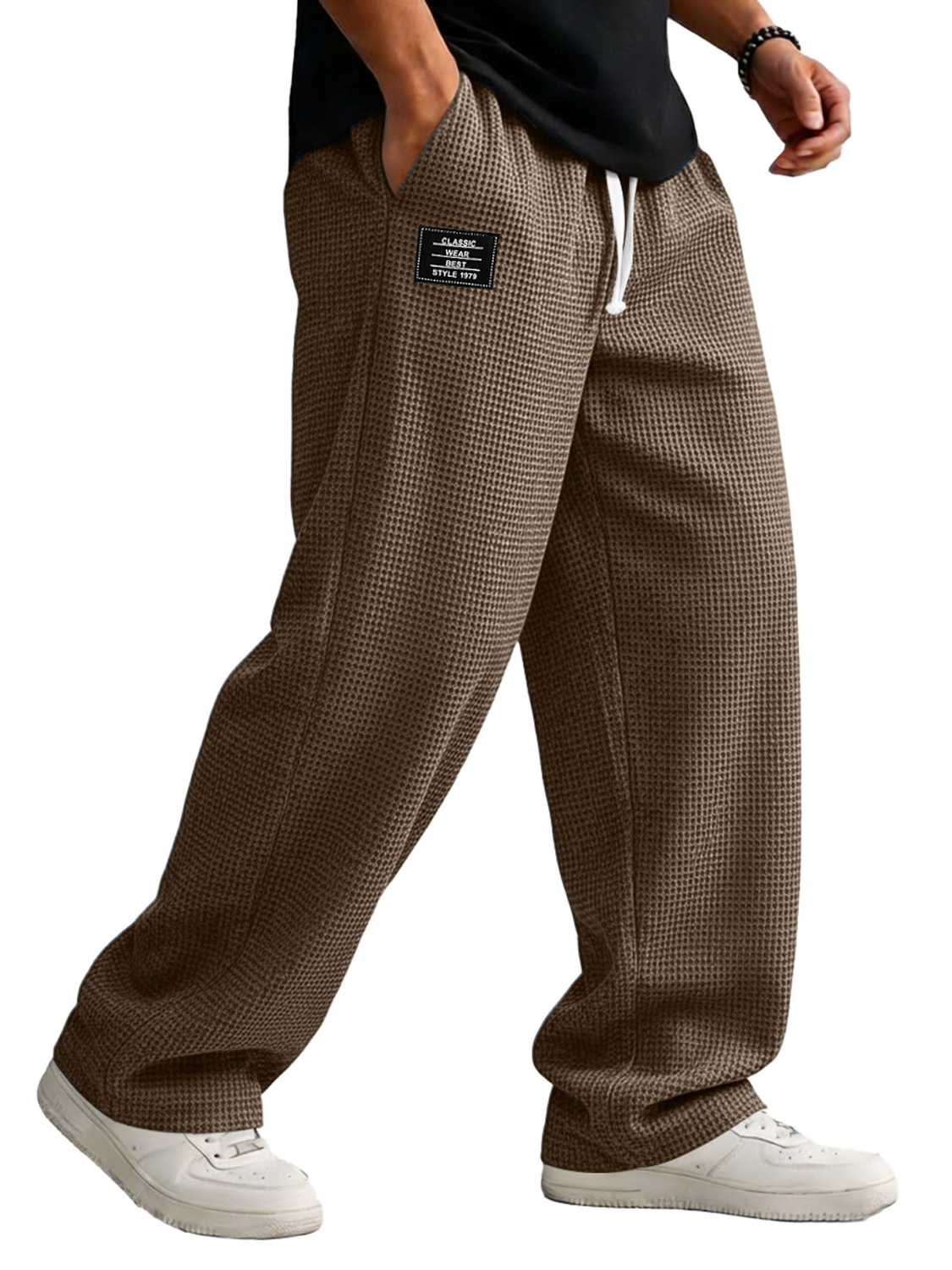 Men's Loose-fitting Waffle-knit Casual Trousers With Elastic Waistband And Embroidered Logo