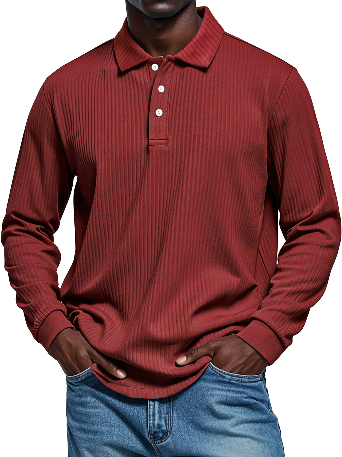 Men's Pit Texture Casual Button Solid Color Long-sleeved Polo Shirt