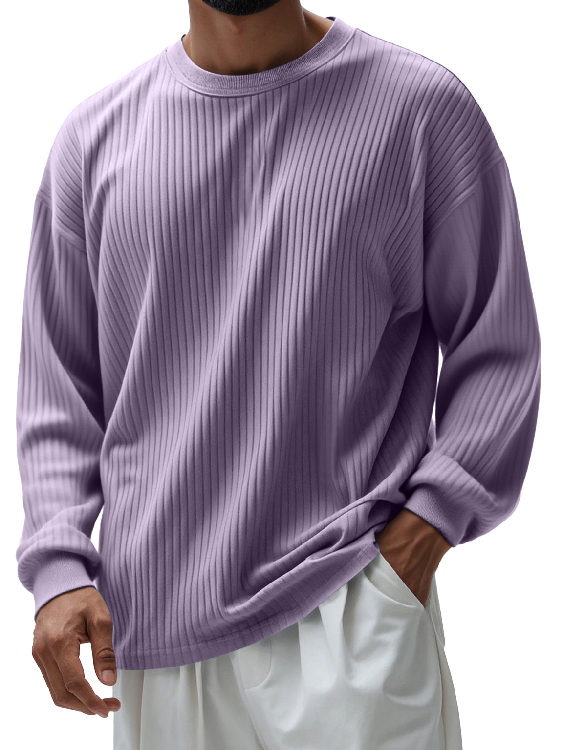 Men's Casual Round Neck Ribbed Comfortable Long Sleeve T-shirt
