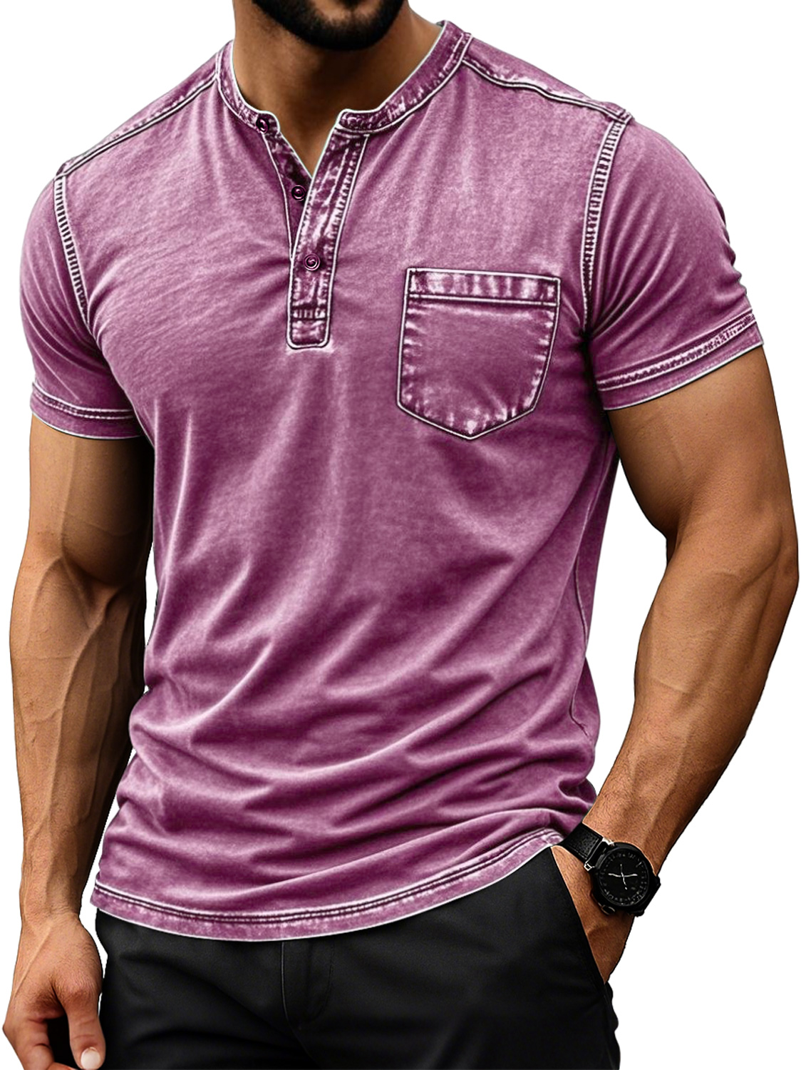 Men's Retro Everyday Casual Pocket Comfort Short Sleeve Henley Shirt