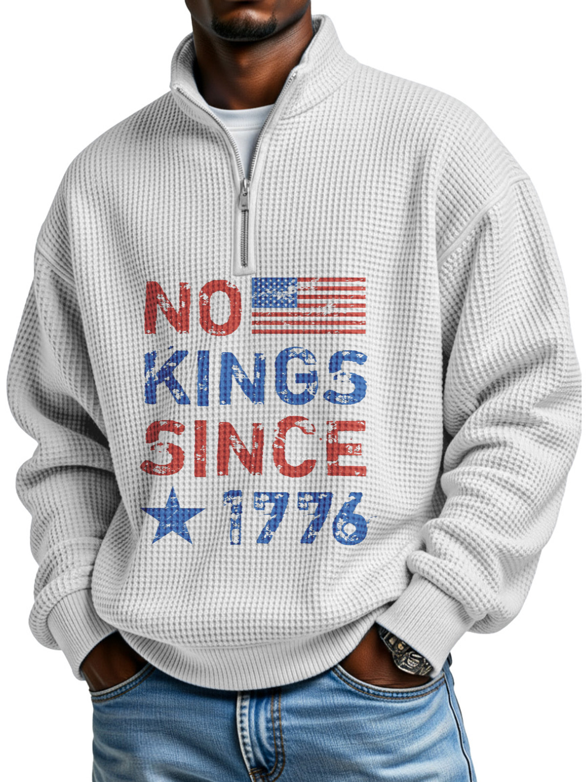 No King Waffle Texture Zipper Stand Collar Long-sleeved Sweatshirt