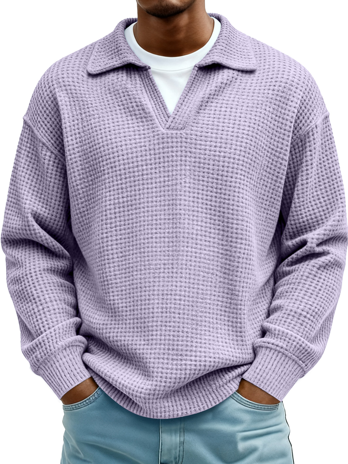 Men's Waffle-knit Faux Two-piece Collared Casual Polo Shirt