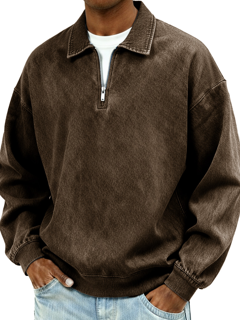 Men's Retro Fashion Distressed Collar Zipper Long-Sleeve Polo Shirt