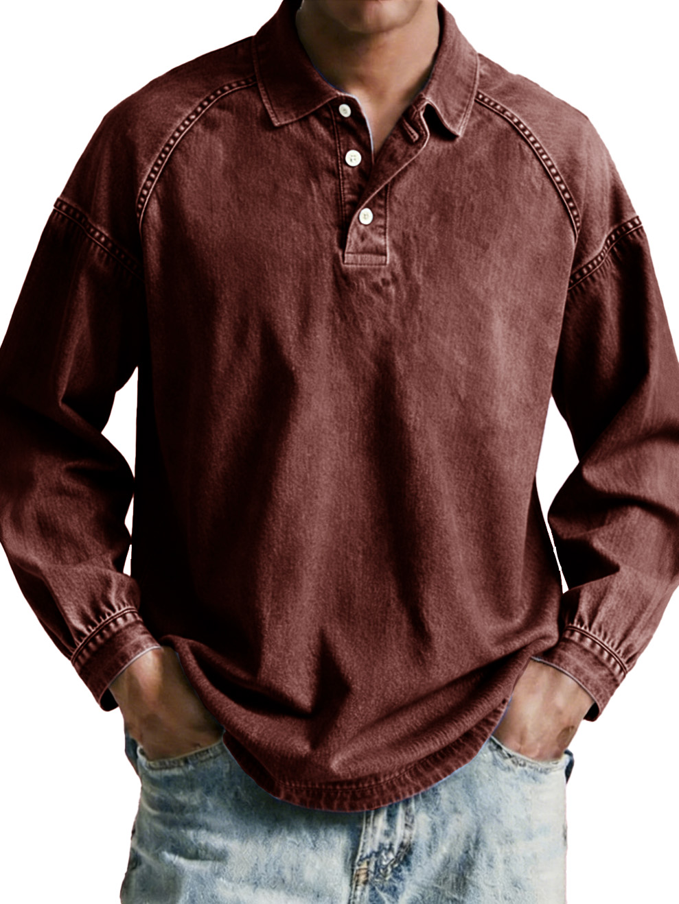 Men's wear, retro, retro, loose, raglan, long-sleeved polo shirt