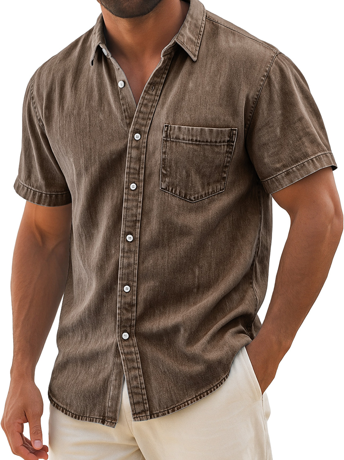 Men's Retro Casual Lapel Pocket Solid Color Short Sleeve Shirt