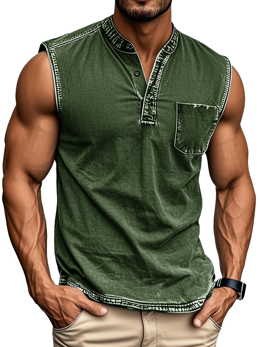 Men's Fashion Retro Distressed Stand-up Collar Pocket Sleeveless Henley Shirt