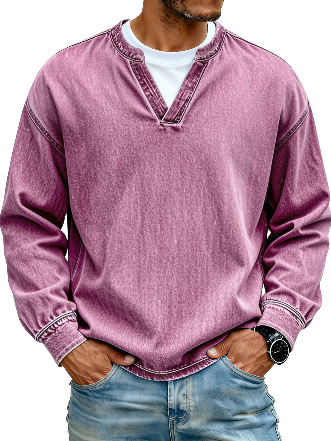 Retro Minimalist Faux Two-piece Design Casual Long-sleeved T-shirt