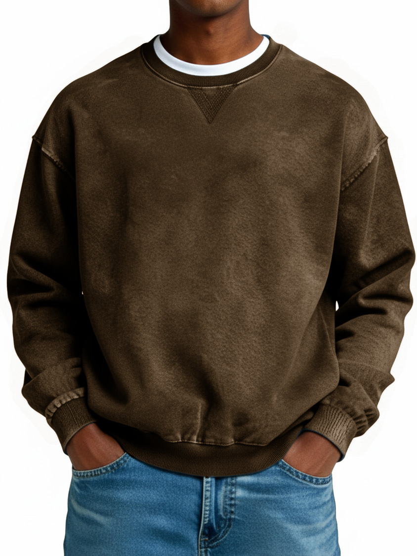 Men's Retro Distressed Crew Neck Long-Sleeved Top in Multiple Colors