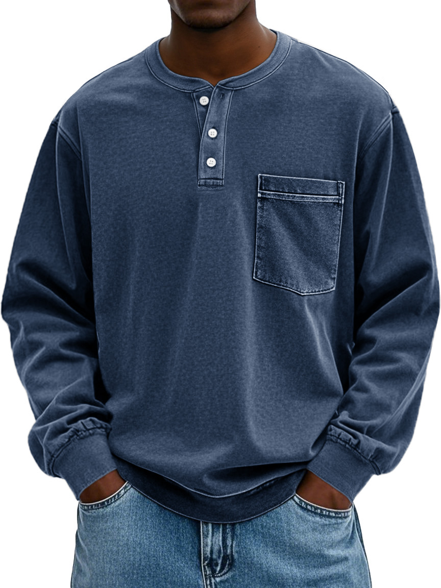 Men's Stylish Vintage Distressed Pocket Lapel Long-sleeved Henley Shirt