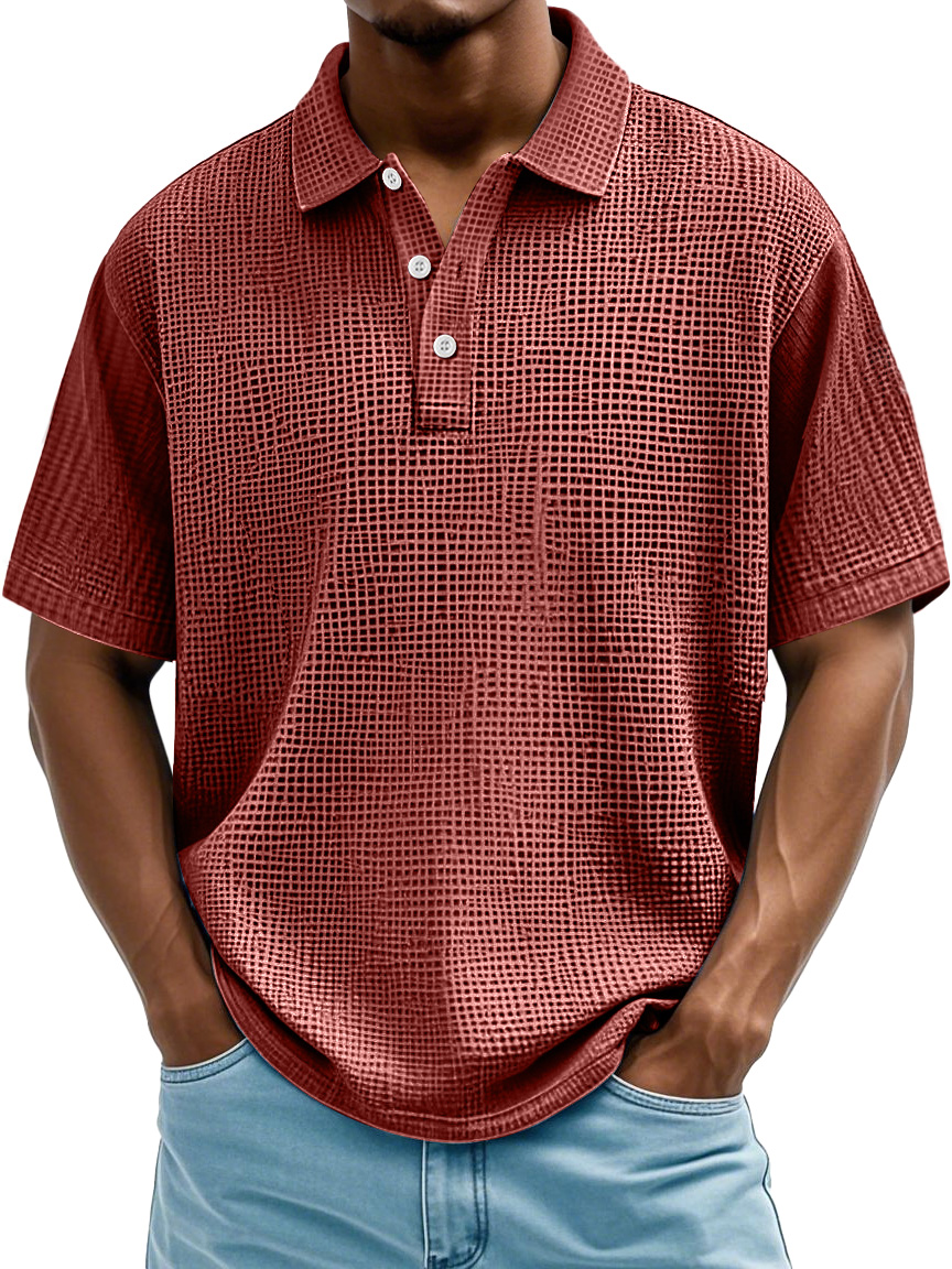 Men's Daily Casual Waffle Texture Solid Color Loose Short-sleeved Polo Shirt