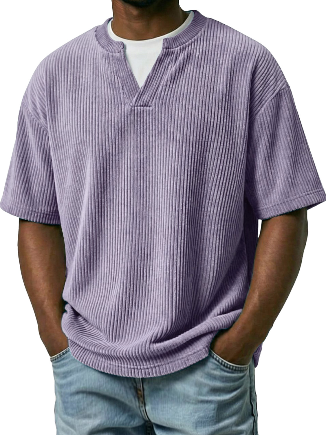 Men's Corduroy Faux Two-piece Double-collar Casual Short-sleeved T-shirt