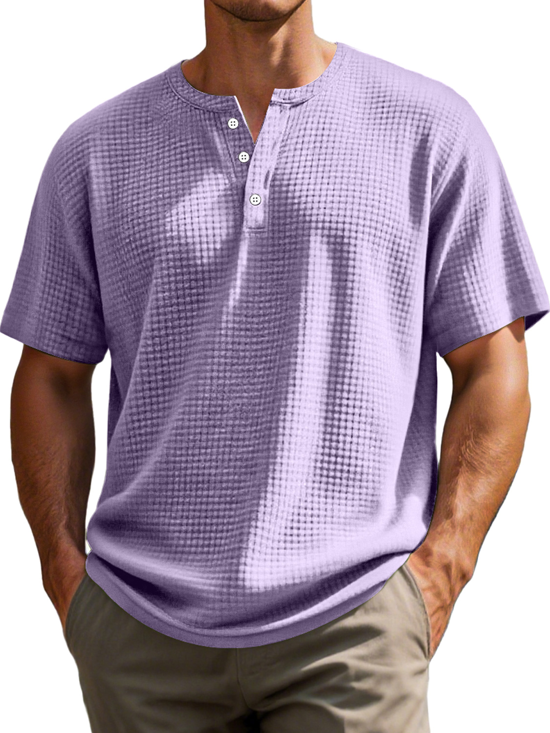 Men's Everyday Waffle Casual Solid Color Short Sleeve Henley Shirt