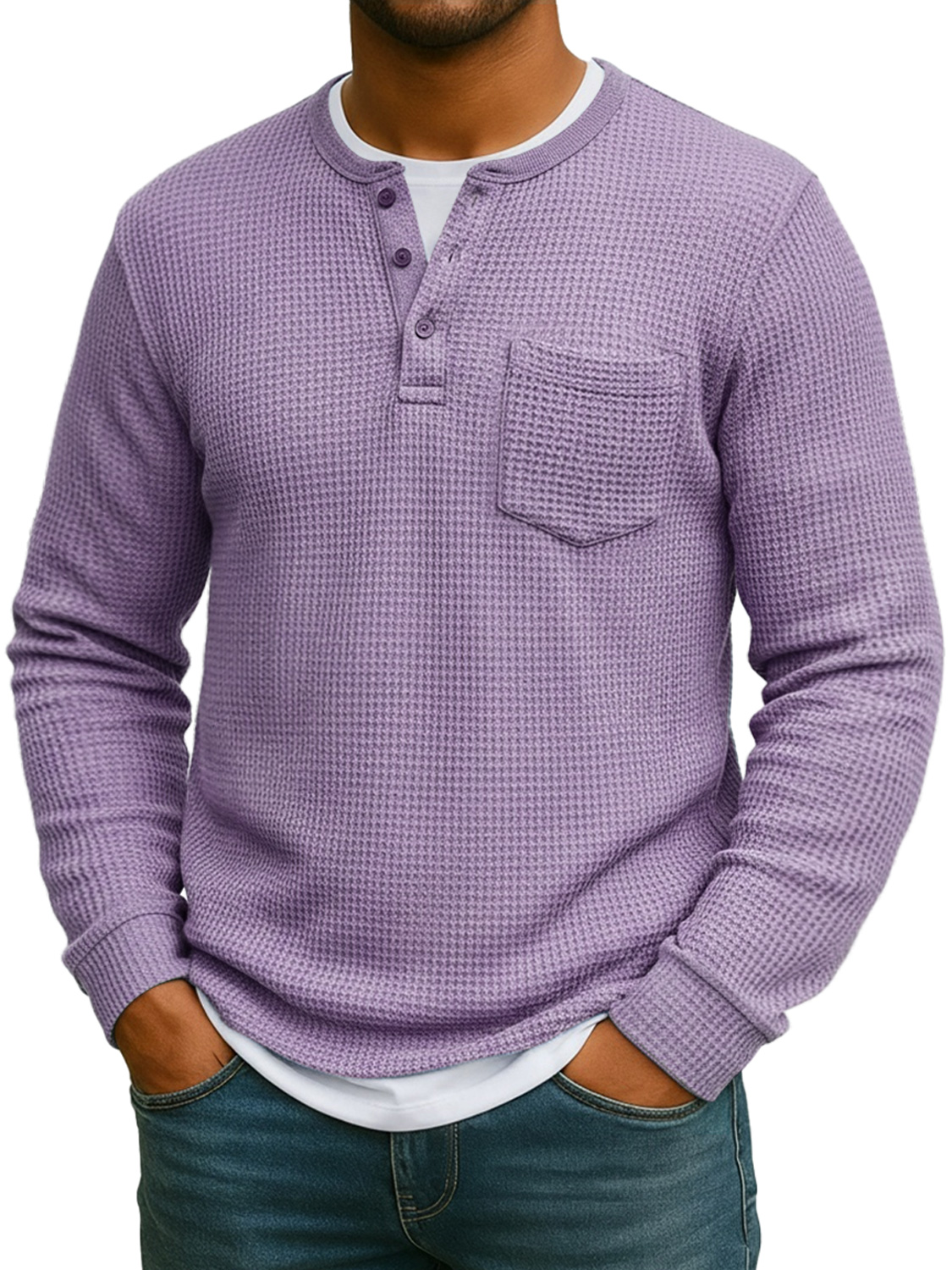 Men's Everyday Waffle Fake Two-Piece Casual Pocket Long Sleeve Henley Shirt