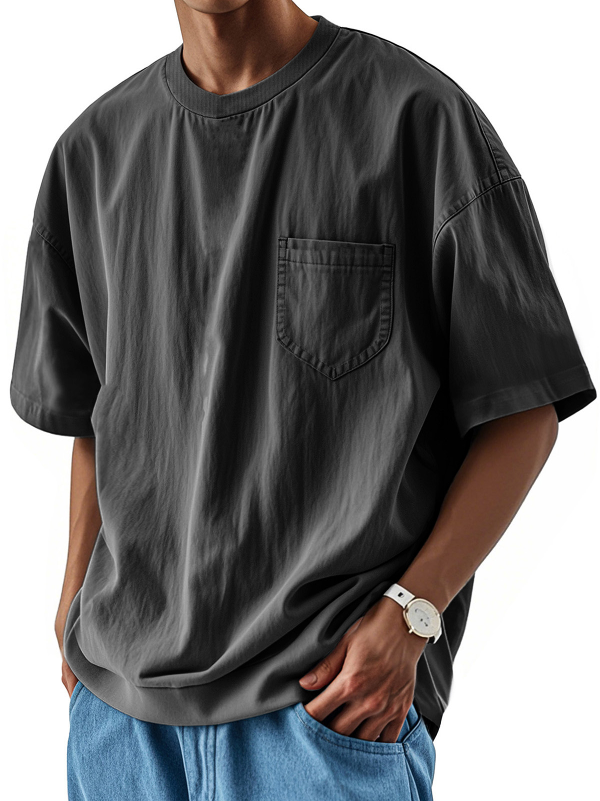 Men's Fashion Casual Retro Shirt Round Neck Pocket Short Sleeve T-Shirt