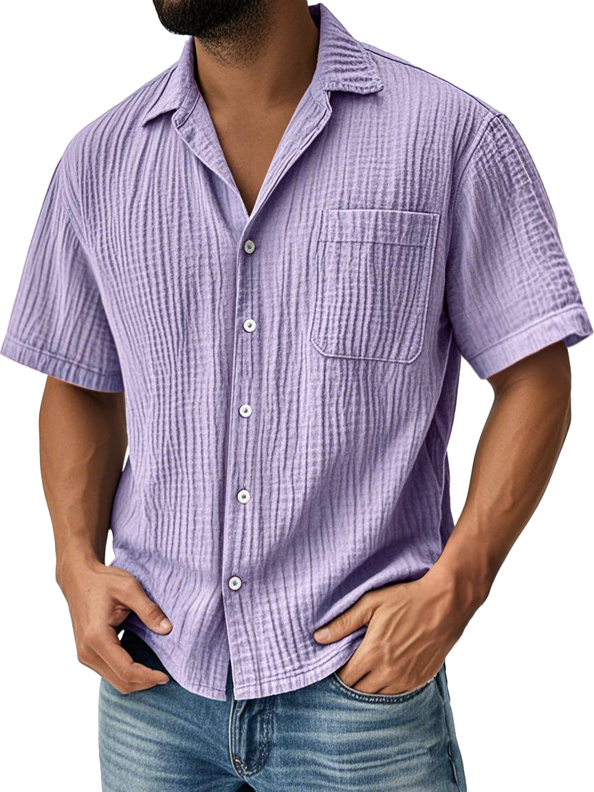 Men's Daily Pleated Pocket Casual Solid Color Short Sleeve Shirt