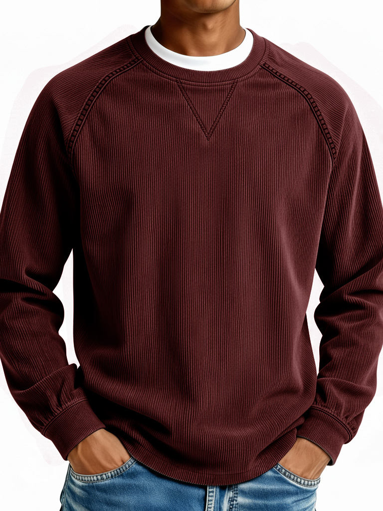 Men's Fashionable Casual Retro Ribbed Fabric Long-Sleeve Crew Neck Top