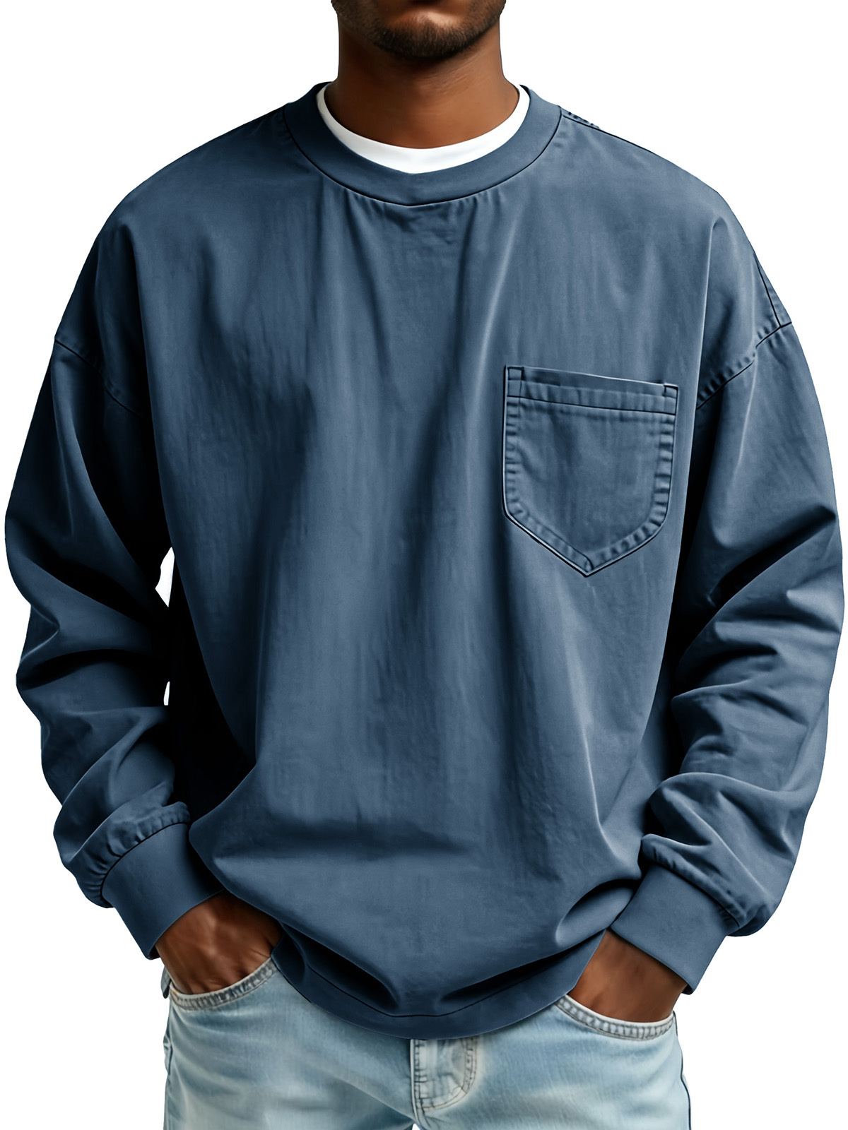 Men's Fashionable Retro Pleated Fabric Long-Sleeved Pocket Top