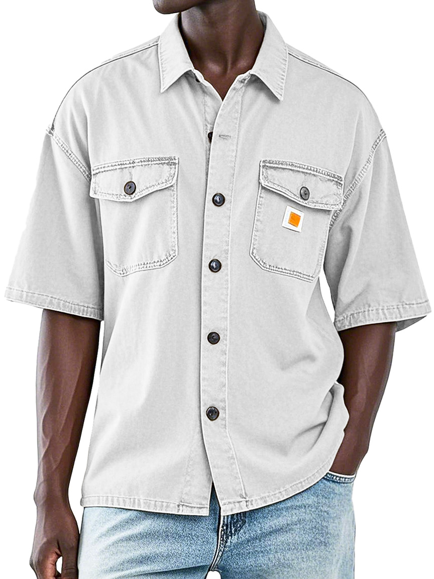 Men's Retro Workwear Double Pocket Lapel Short-sleeved Shirt