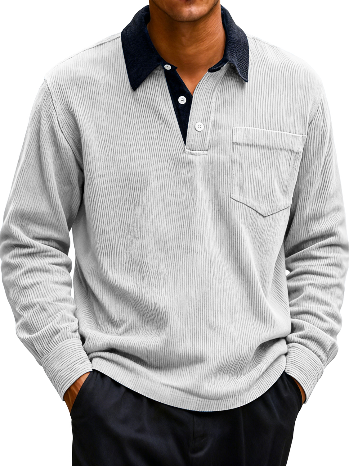 Men's Corduroy Lapel Stitching Casual Long-sleeved Polo Shirt