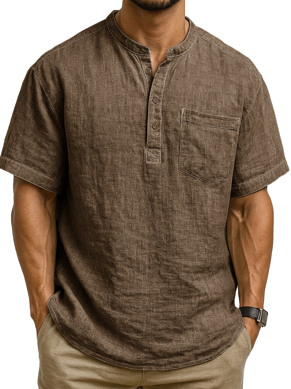 Men's Fashion Retro Ramie Fabric Pocket Short-sleeved Henley Shirt