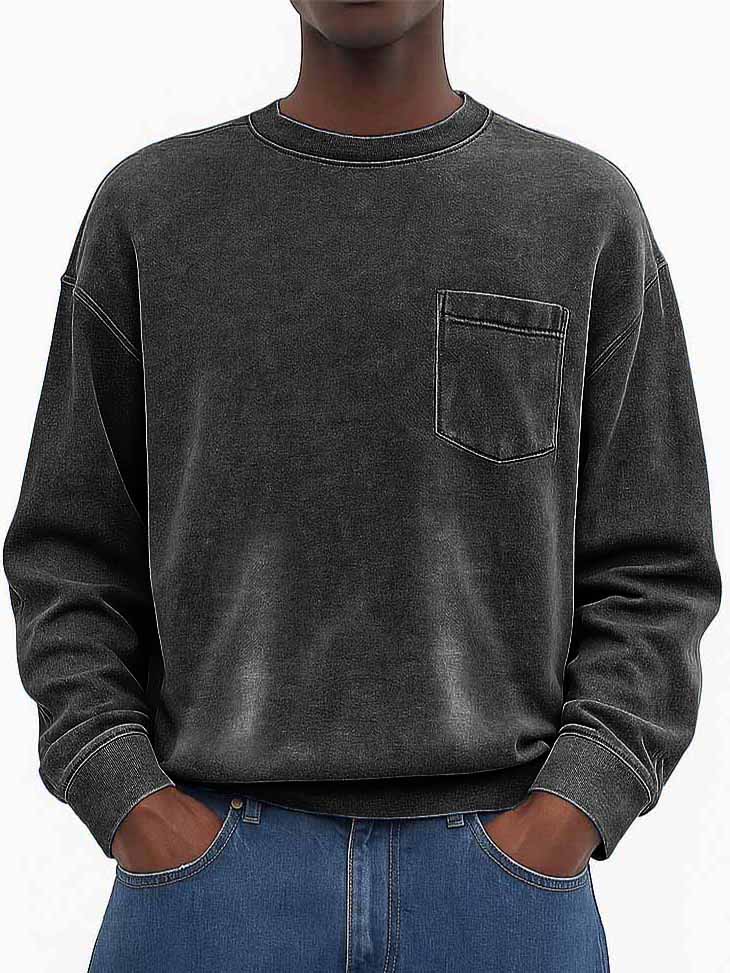 Men's Stylish Vintage Washed And Distressed Fabric Loose-fitting Long-sleeved Crew Neck Sweatshirt With Pockets