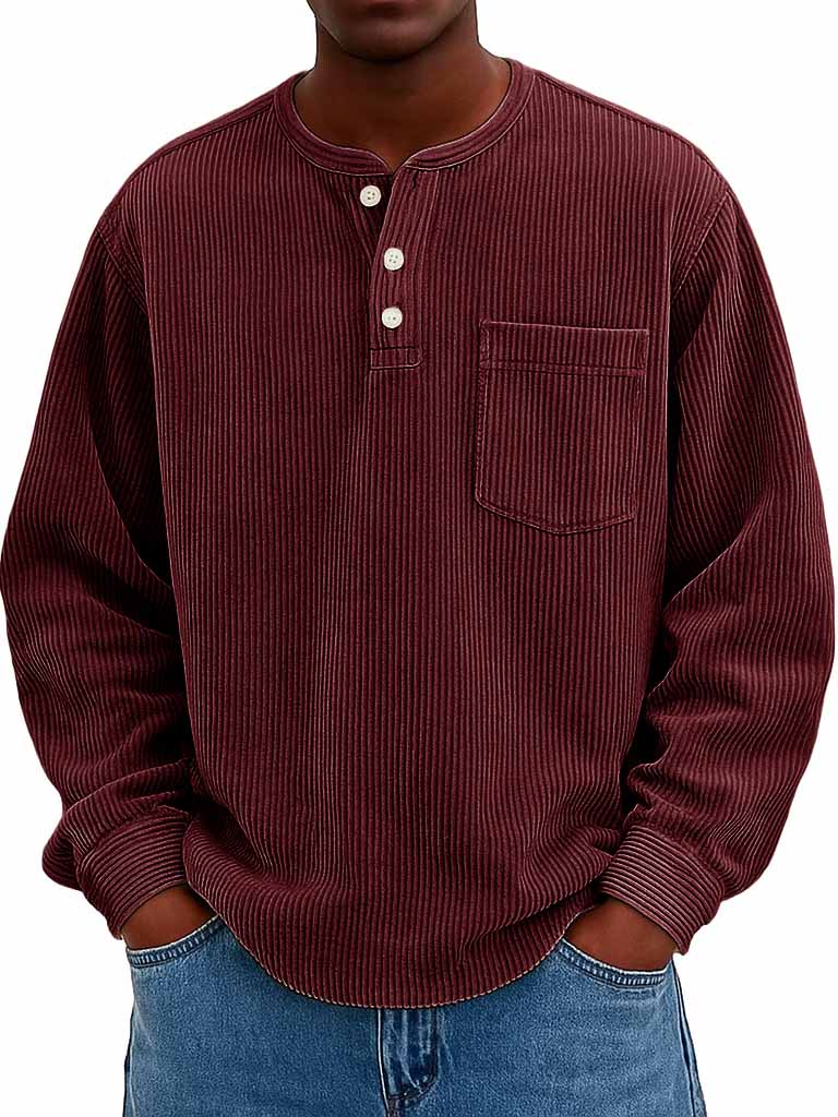 Men's Fashion Casual Corduroy Pocket Long Sleeve Henley Shirt