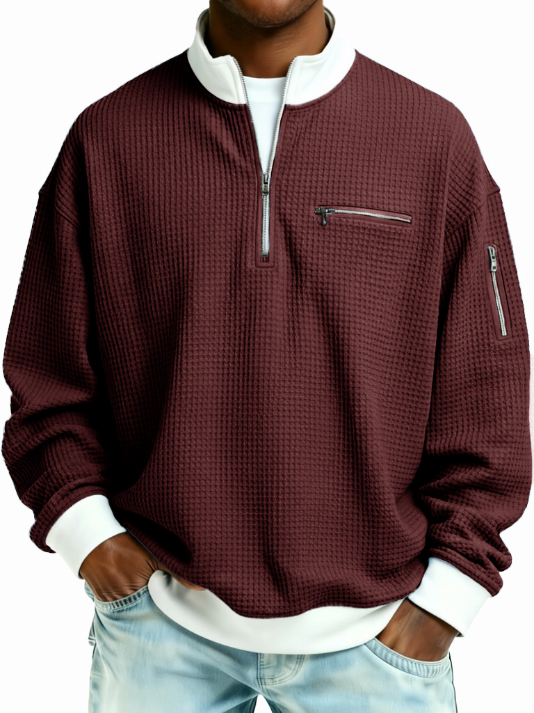 Men's Fashion Casual Patchwork Zipper Stand Collar Waffle Gown Long-Sleeve Top