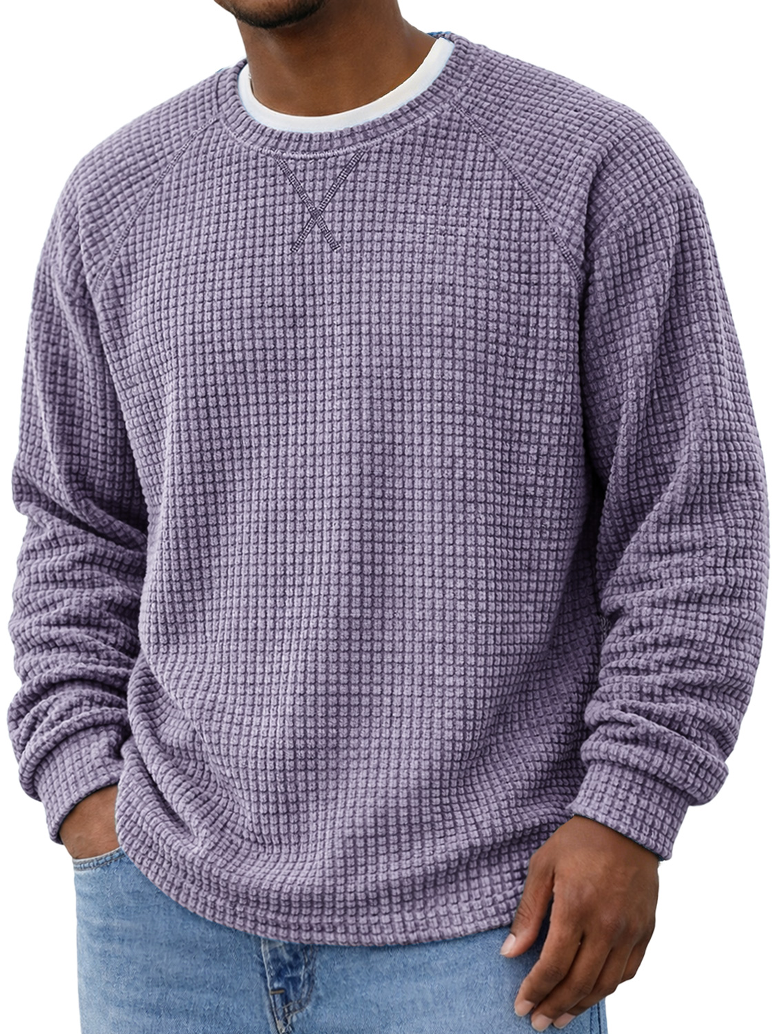 Men's Crew Neck Raglan Sleeve Corduroy Waffle Knit Long-sleeved T-shirt With Crossover Design