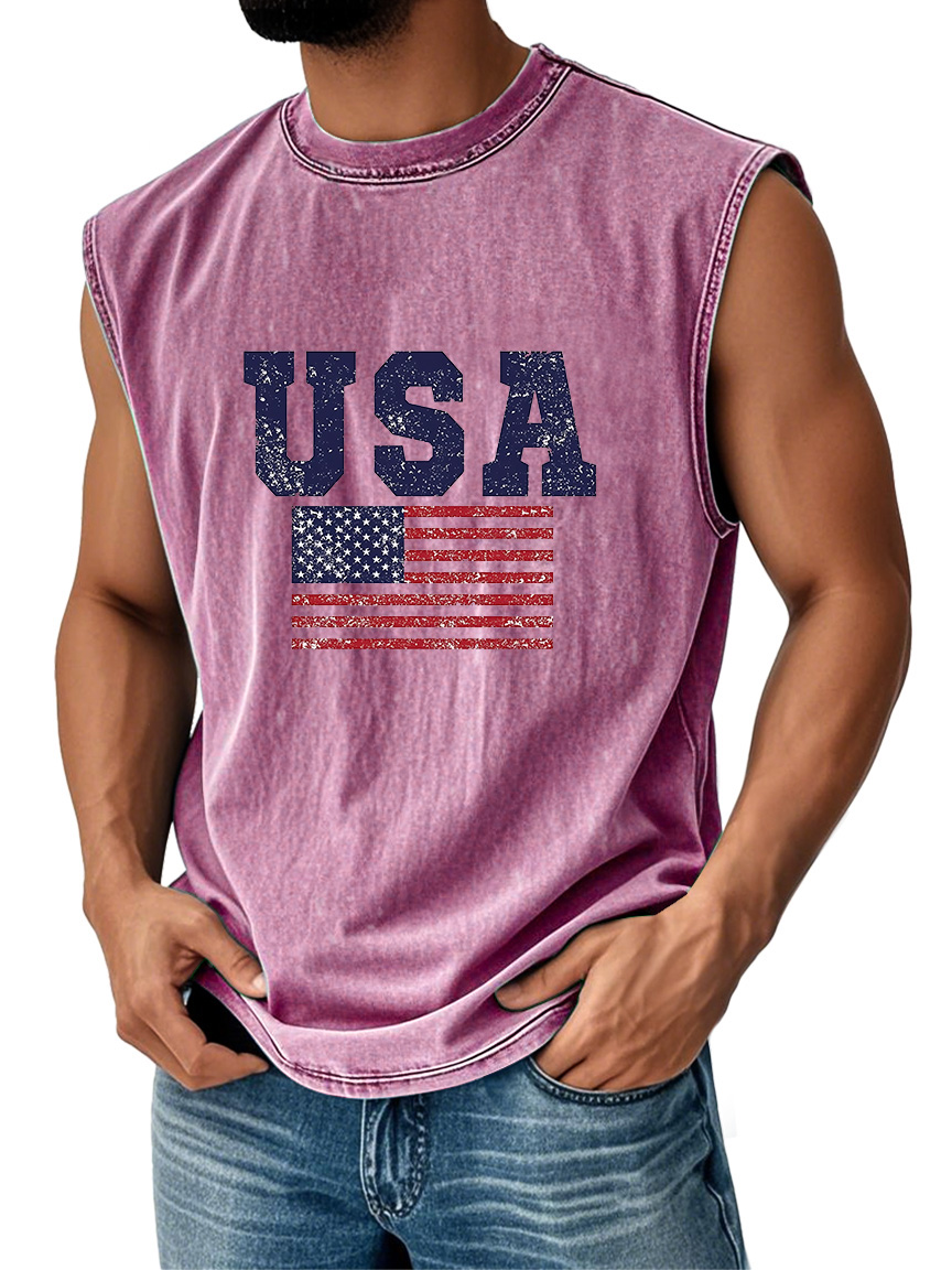 Men's Everyday Vintage American Independence Day Flag Printed Crew Neck Sleeveless Tank Top