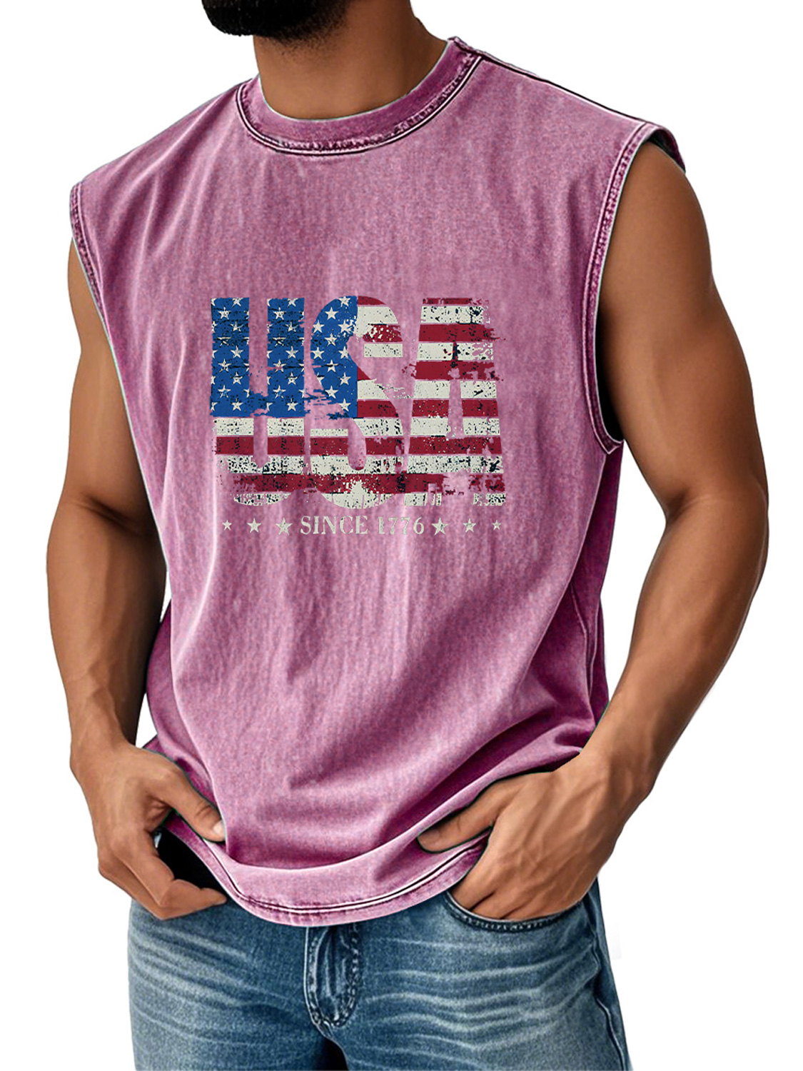 Men's Retro Everyday Independence Day USA Flag Printed Casual Round Neck Sleeveless Vest