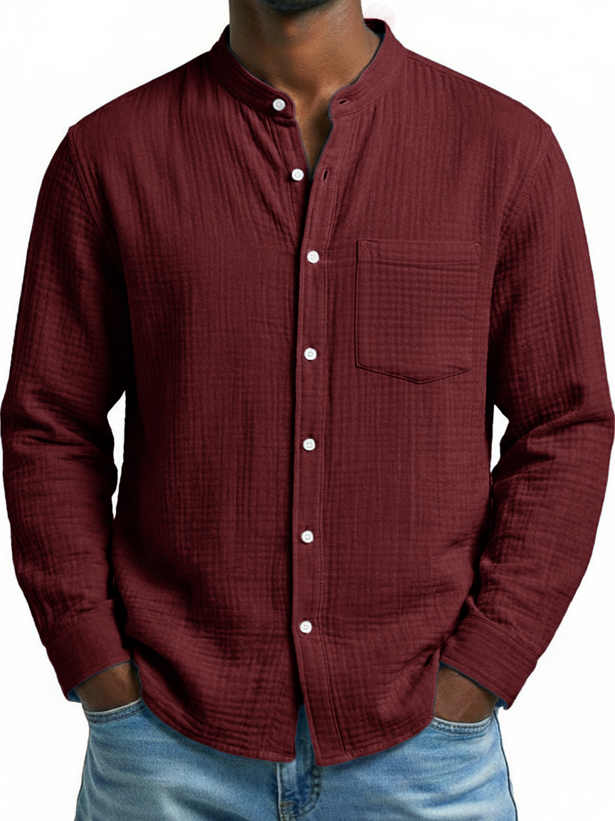 Men's Fashion Casual Retro Stand-Up Collar Pleated Fabric Long-Sleeve Shirt
