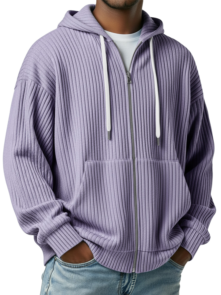 Men's Simple Ribbed Zipper Casual Hooded Jacket