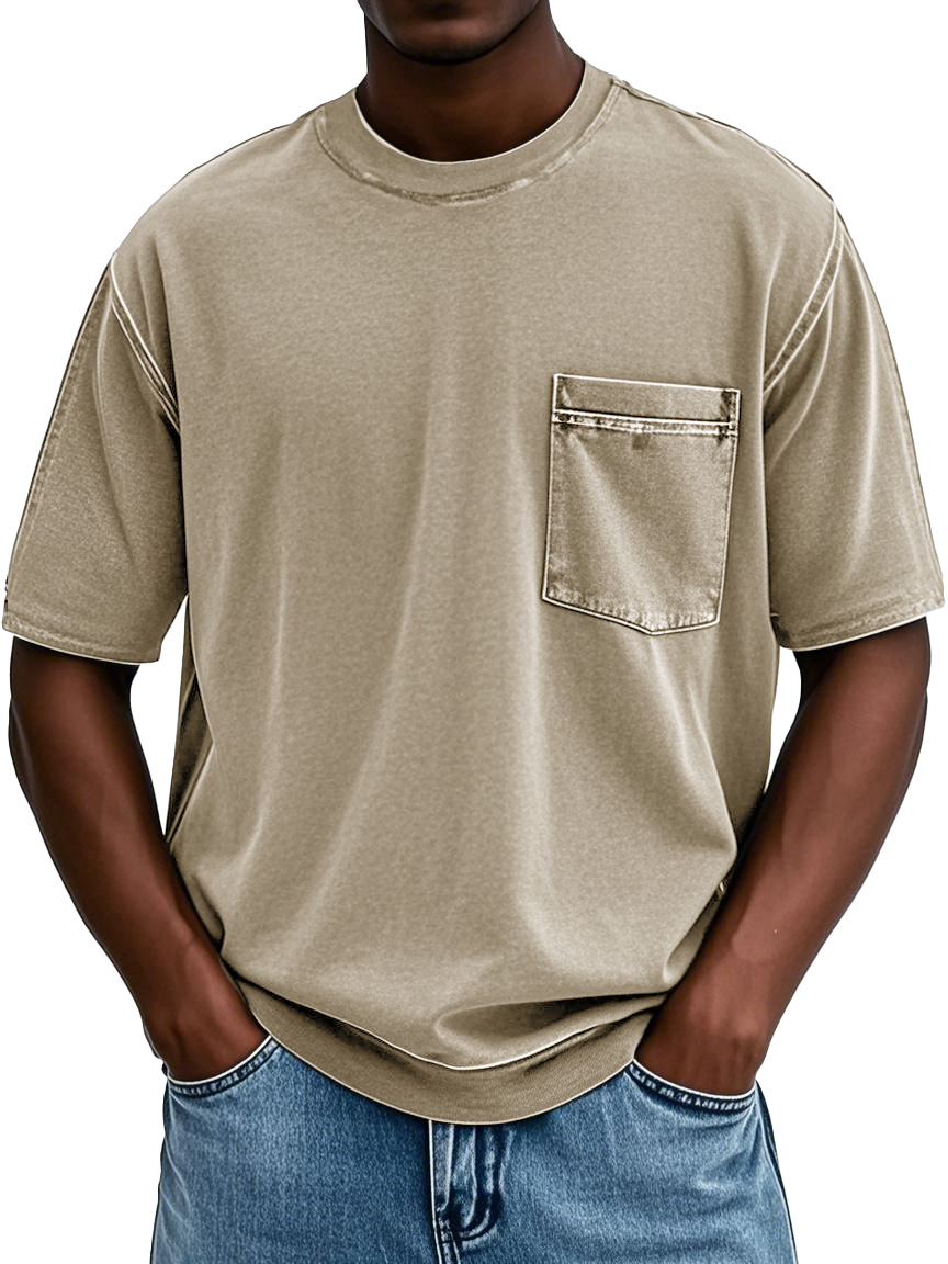 Men's Fashion Retro Distressed Round Neck Pocket Short-sleeved T-shirt