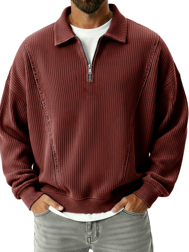 Men's Retro Fashion Ribbed Collar Zipper Long-Sleeve Polo Shirt