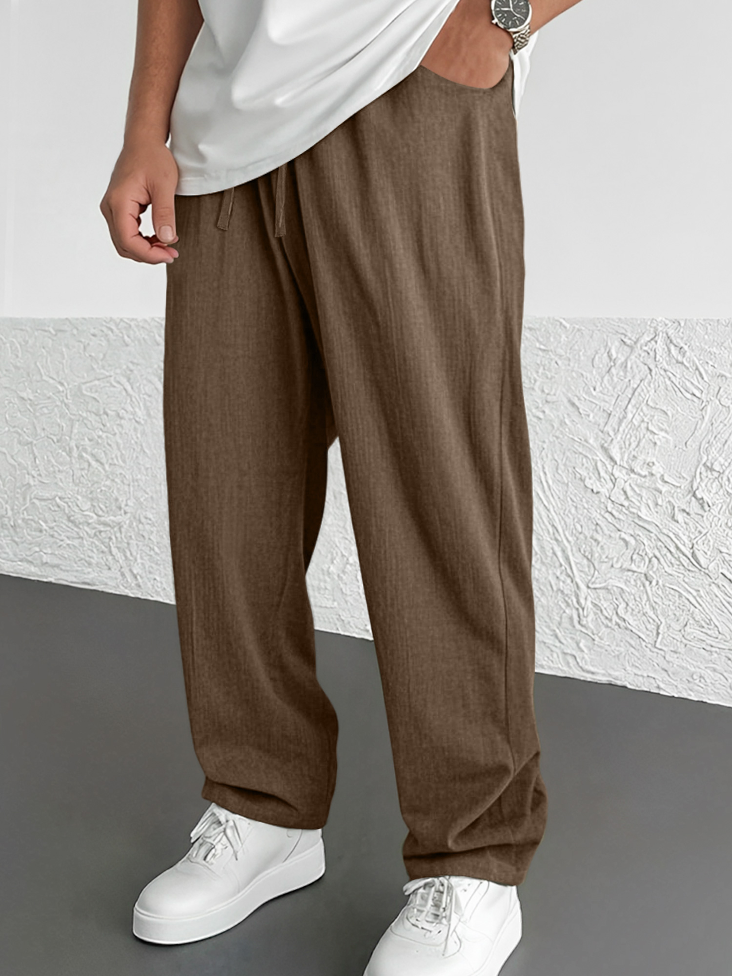 Men's Summer Daily Cotton And Linen Elastic Waist Casual Solid Color Comfortable Trousers