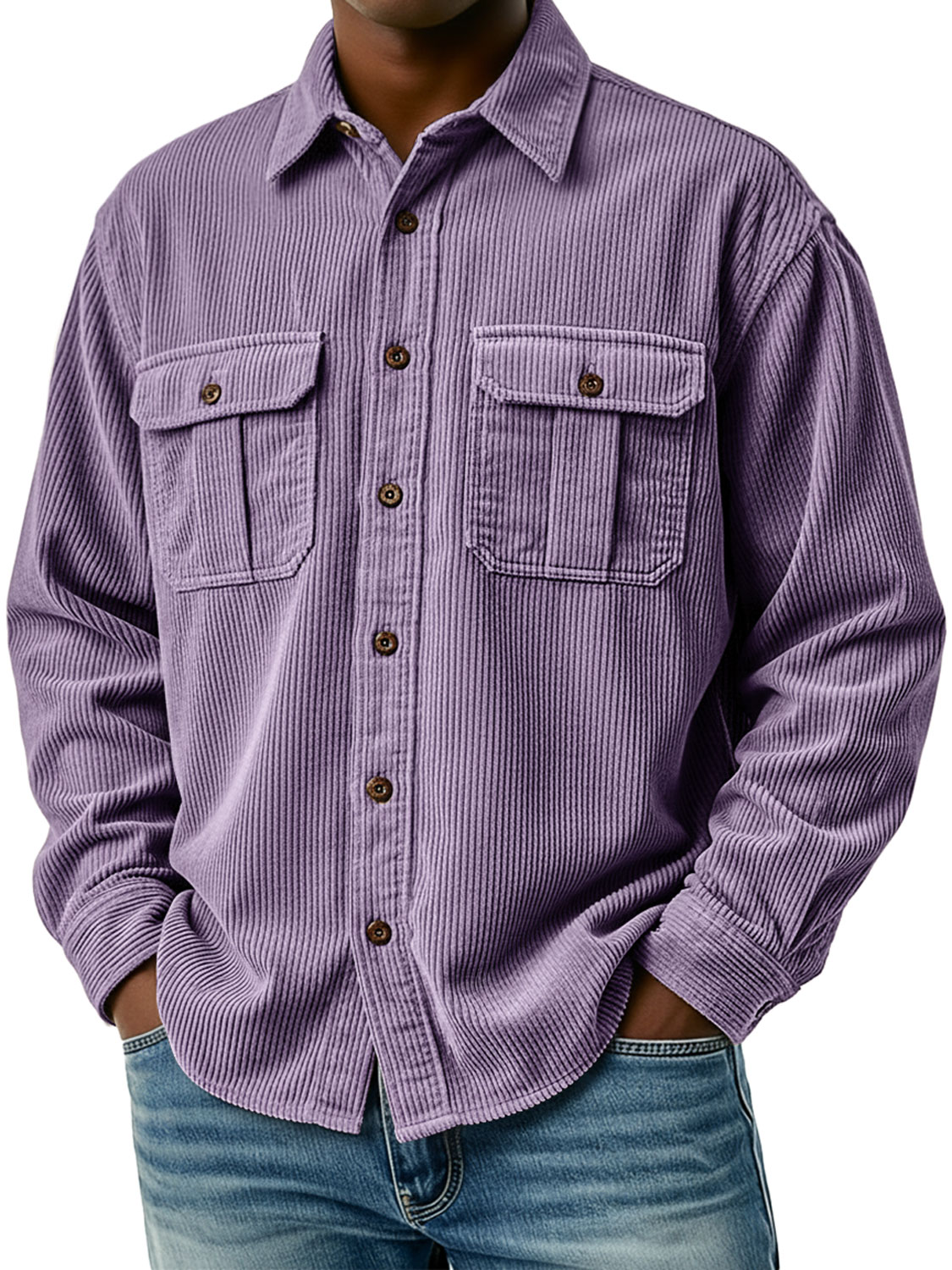 Men's Retro Corduroy Double Pocket Casual Long-Sleeve Work Shirt