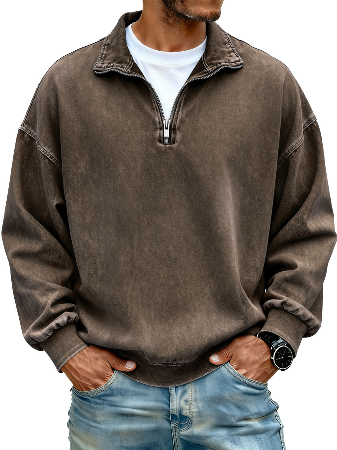 Men's Retro Stand Collar Zipper Casual Loose Sweatshirt