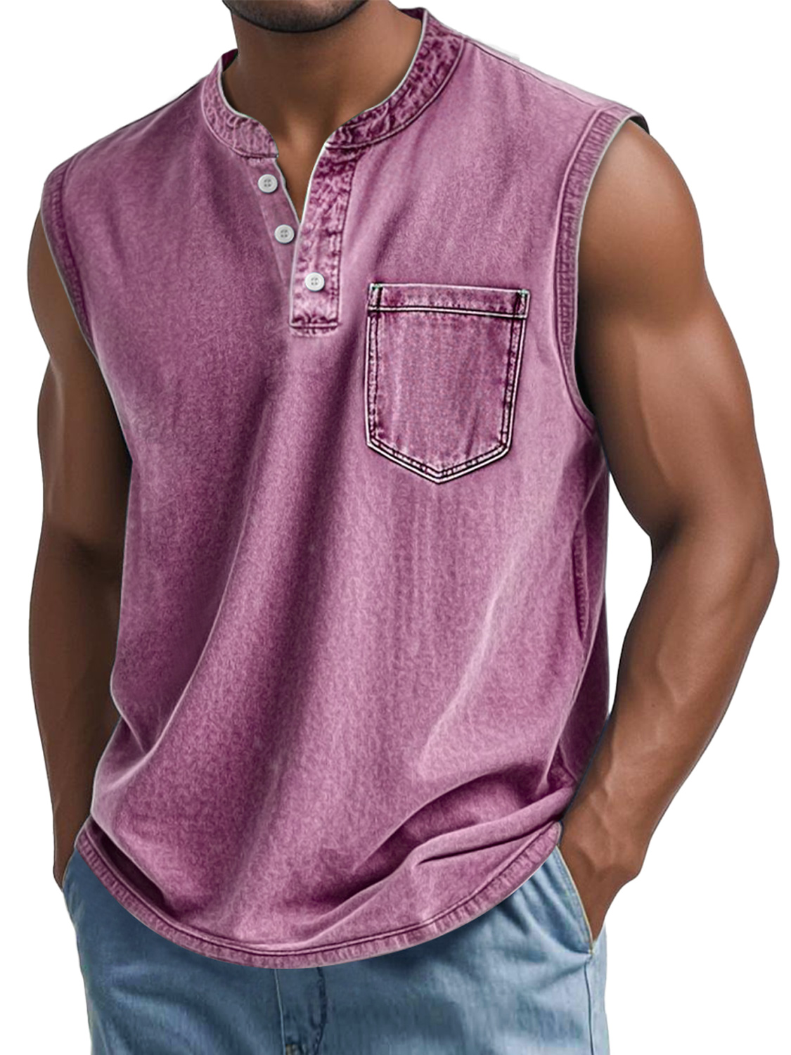 Men's Vintage Washed Cotton Stand Collar Pocket Casual Sleeveless Henley Vest