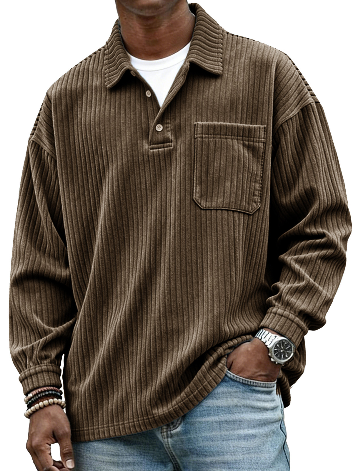  Stylish Casual Loose Corduroy Fabric Lapel Pockets Long-sleeved Polo Shirt 