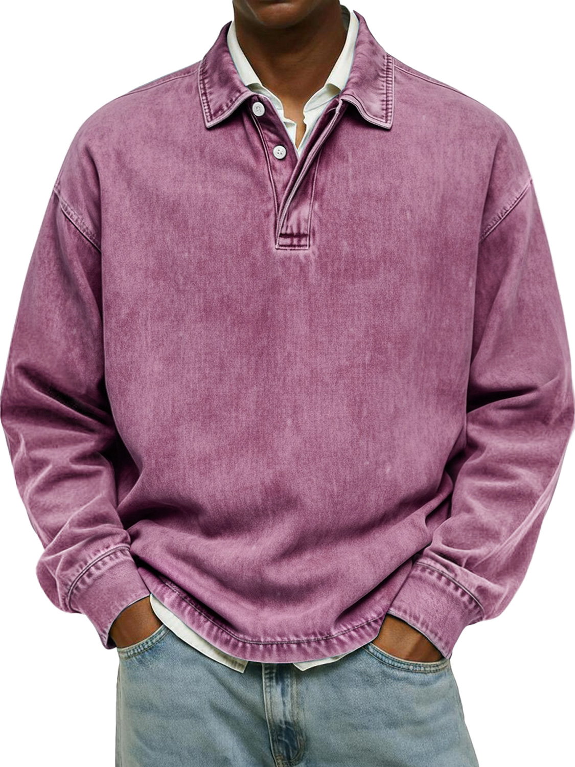 Men's Retro Collar Button Casual Long-Sleeve Polo Shirt