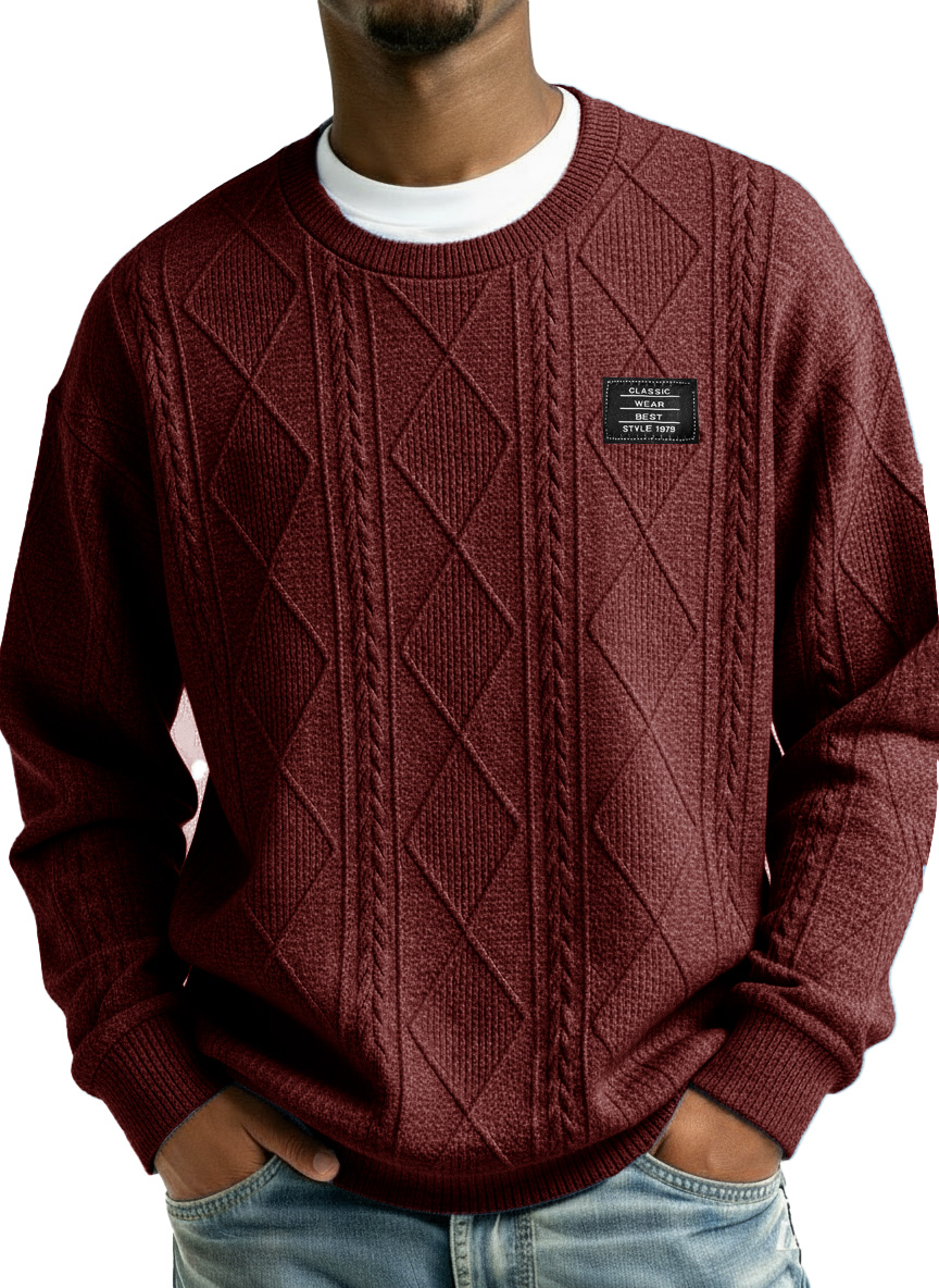 Men's Stylish Vintage Everyday Jacquard Fabric Embroidered Logo Long-sleeved Crew Neck Sweatshirt