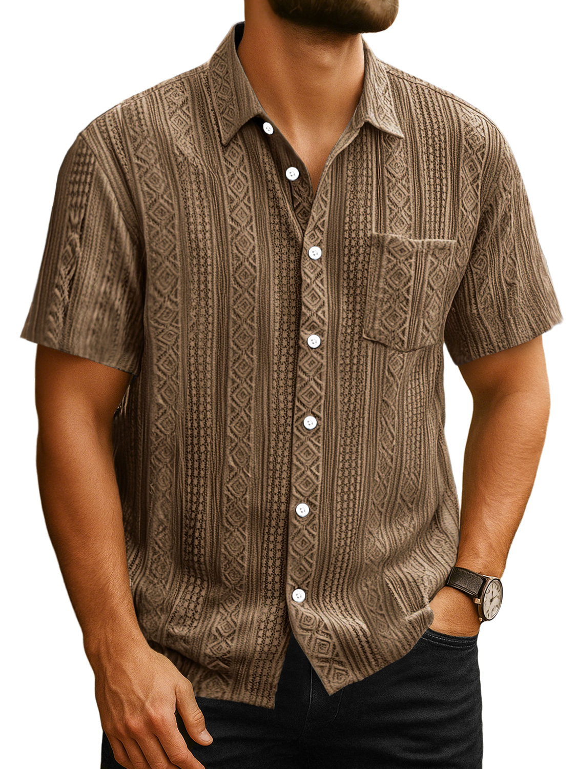 Men's Daily Casual Jacquard Texture Pocket Solid Color Short-sleeved Shirt