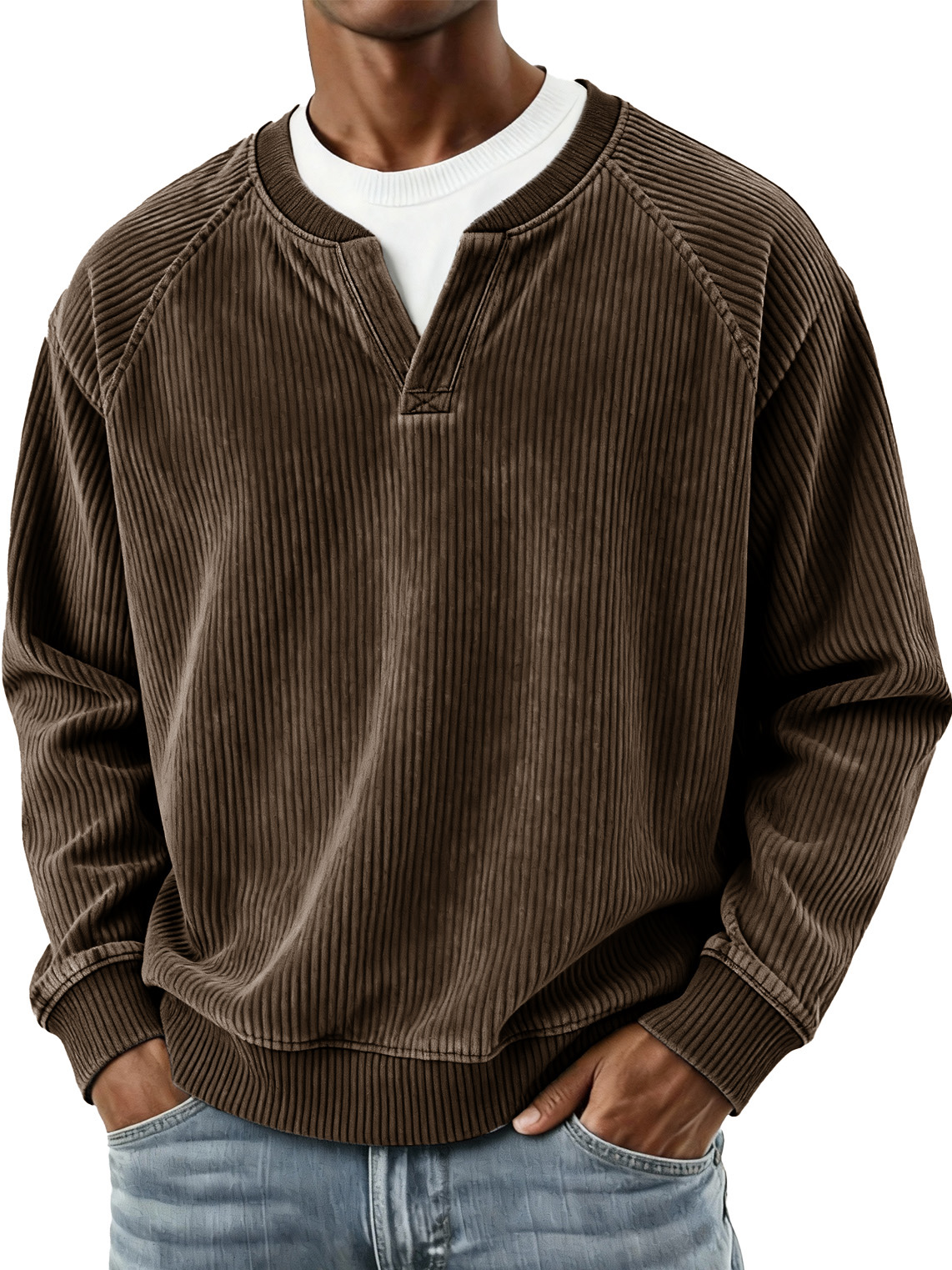Men's Fashionable Casual Vertical Striped Corduroy Fabric Faux Two-piece Long-sleeved Top 