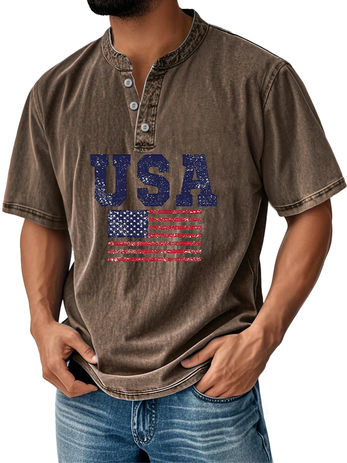 Men's Everyday Independence Day Flag Print Casual Stand Collar Short Sleeve Henley Shirt